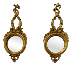 Antique Regency Style Giltwood Convex Girandole Wall Mirrors, 1920, Set of 2