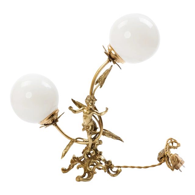 1950s Cherub or Putti 2-Light Table Lamp With Opal Glass Globe Shades For Sale