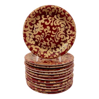 12 VTG F.Giorgi by Ceramica Burgundy With Gold Scrolls Italian Salad or Dessert Plates 9” Crate & Barrel For Sale