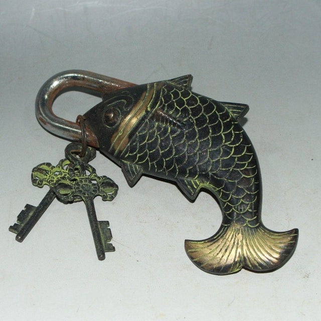 Vintage Nepalese Brass Fish Padlock With Skeleton Keys - Tibetan Style Lock For Sale - Image 4 of 9
