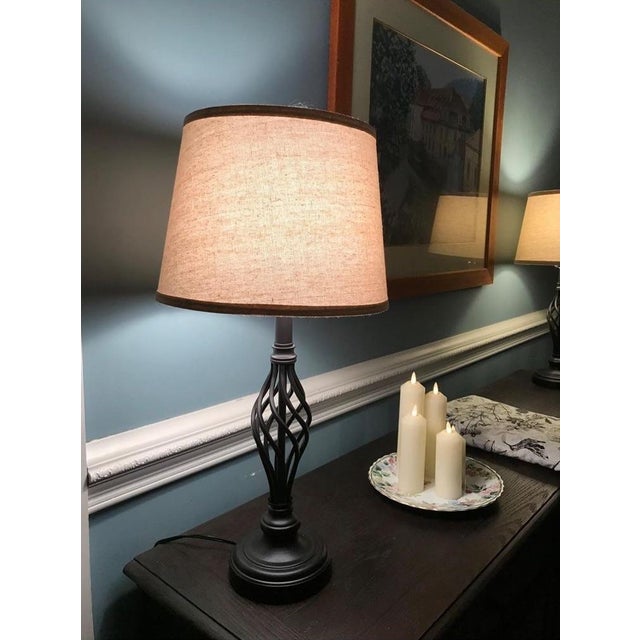 Art Deco Light Beige Linen & Twisted Iron Lamp For Sale - Image 3 of 6