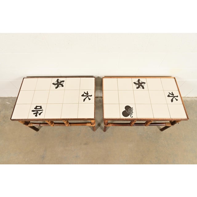 1950s John Wisner for Ficks Reed Mid-Century Hollywood Regency Bamboo Rattan Tile Top Side Tables, 1950s For Sale - Image 5 of 10