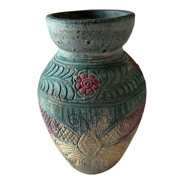 Handmade Sgraffito Pottery Vase With Butterfly and Floral Design For Sale