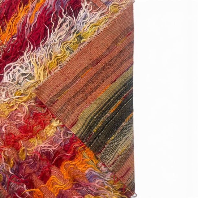 Mid-Century Modern Vintage Filikli Tulu Rug 3x5 – Konya Long Pile Vertical Stripes in Orange & Red For Sale - Image 3 of 5