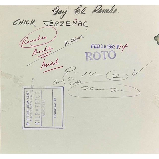 February 1962 photograph of horses at the Gay El Rancho dude ranch in Gaylord, Michigan. Publicaton information on the...