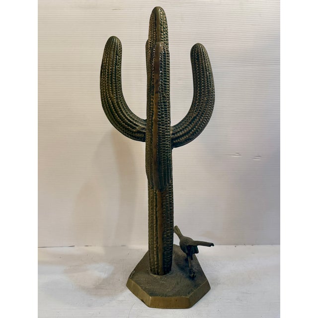 Mid 20th Century Brass Saguaro Cactus and Roadrunner Statue For Sale - Image 4 of 9