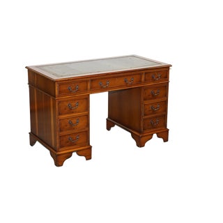 Vintage Yew Wood Twin Pedestal Green Leather Top Desk For Sale