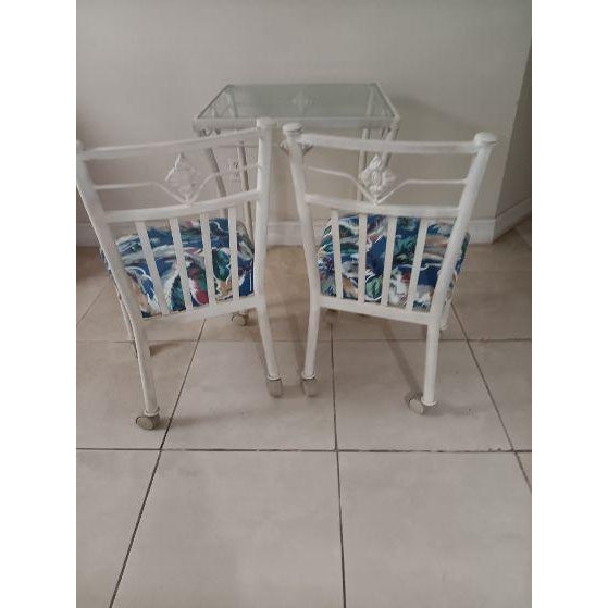 1970s Metal Dining Patio Set Square Table Glass Top White Chairs on Wheels Set of 3 For Sale - Image 4 of 7