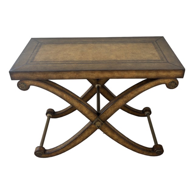 Kreiss Neoclassical Leather-Top Console Table With X-Base & Brass Stretchers For Sale