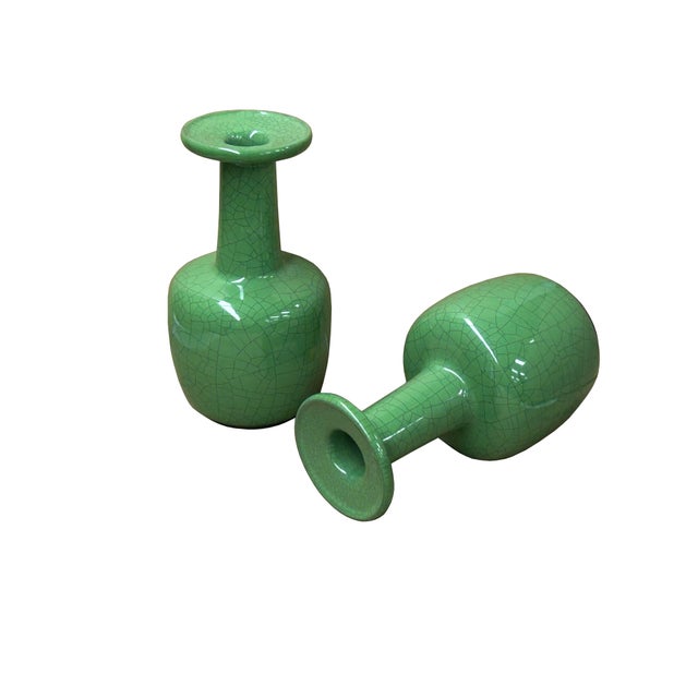 Contemporary Pair Orient Crackle Pattern Verdant Green Color Pottery Ceramic Vases For Sale - Image 3 of 7