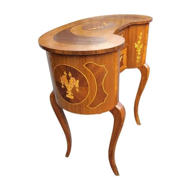 Wood 1940s Two-Drawer Continental Marquetry Mahogany Kidney Dressing Table For Sale - Image 7 of 11