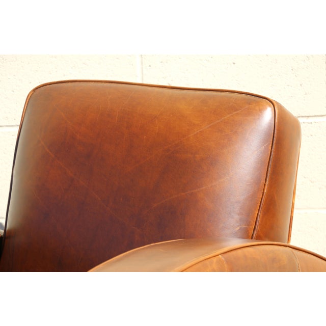 Vintage Pair Art Deco Revival Distressed Brown Leather Club Chairs & Ottomans, 1980s For Sale In Los Angeles - Image 6 of 18