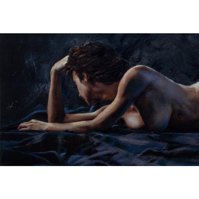 Figurative Audrey #1 by Dave Seeley | Oil on Canvas on Board Nude figure reclining on dark fabric. For Sale - Image 3 of 5
