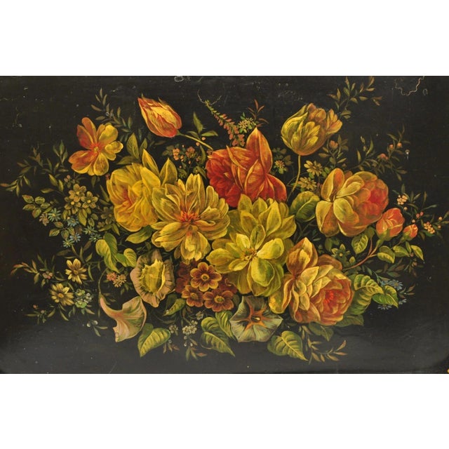 Antique French Country Tole Metal Hand Painted Floral Large Serving Platter Tray For Sale - Image 4 of 15