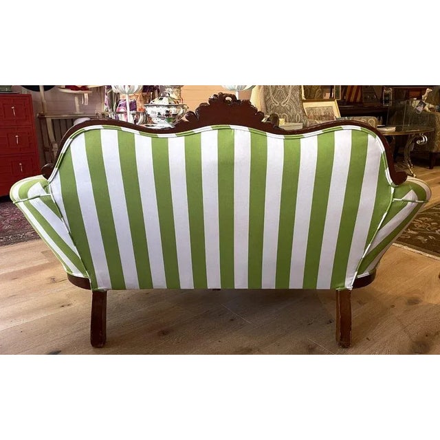 Reupholstered Green and White Striped Victorian Settee