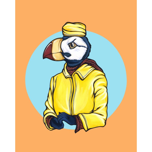 The artwork features a whimsical anthropomorphic bird, dressed in a bright yellow jacket and a matching cap, set against a...