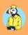 The artwork features a whimsical anthropomorphic bird, dressed in a bright yellow jacket and a matching cap, set against a...