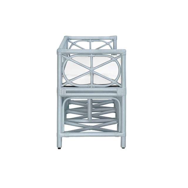 Worlds Away Matthew Izzo Home - Ferguson Light Blue Rattan Bench With Ivory Performance Linen Cushion For Sale - Image 4 of 10