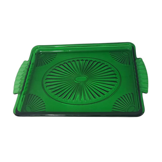 Glass Vintage Art-Deco Emerald Green Glass Vanity or Hors D Oeuvre Tray For Sale - Image 7 of 7