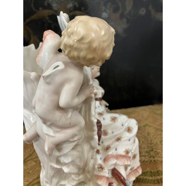 Bright Pink Exquisite Antique KPM Berlin Porcelain Figurine Lady With Fan & Cherub R. Moller For Sale - Image 8 of 17