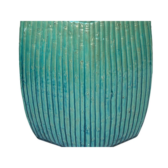 2000 - 2009 Chinese Hexagon Bamboo Theme Turquoise Green Ceramic Clay Garden Stool For Sale - Image 5 of 6