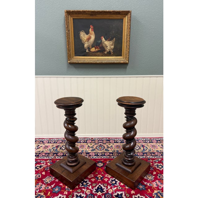 Antique Pair French Louis XIII Barley Twist Pedestals Plant Stands Oak 33" T For Sale - Image 10 of 18
