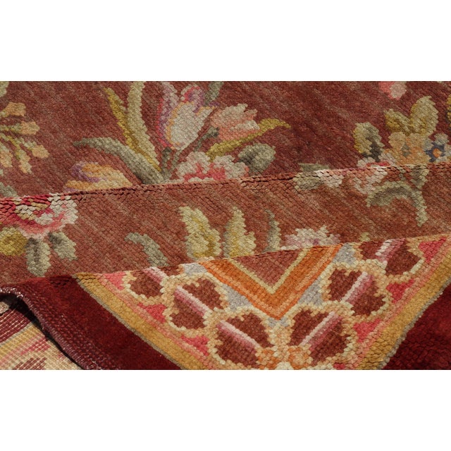 Brown Antique Hand Knotted European Savonnerie Rug in Wool With Floral Design For Sale - Image 8 of 12