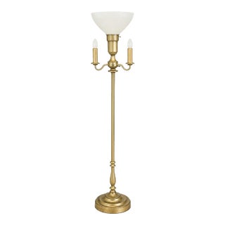 Late 20th Century Classic Sunlit Brass Torchiere Floor Lamp With Integrated 3-Light Candelabra — 59” H For Sale