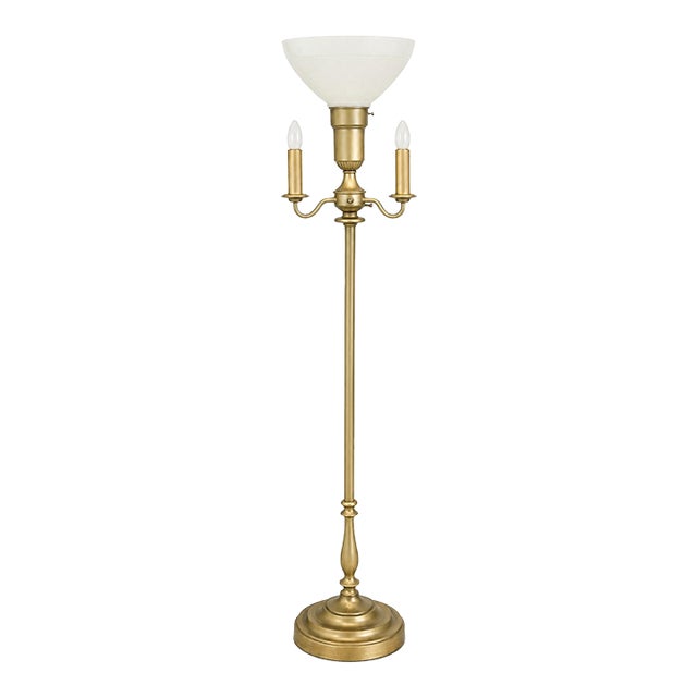 Late 20th Century Classic Sunlit Brass Torchiere Floor Lamp With Integrated 3-Light Candelabra — 59” H For Sale