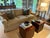 A pair of matching, cube-shaped side or end tables in a book-matched veneer with figured grain, walnut finished wood and...