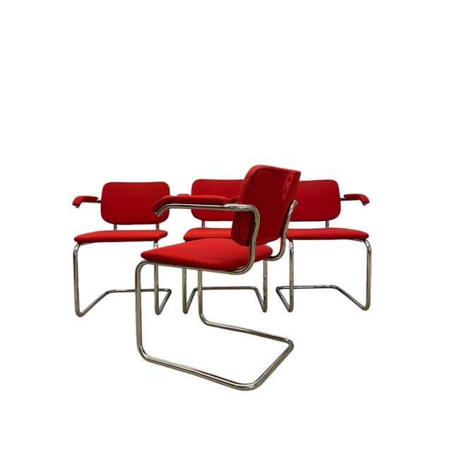 1970s Set of 4 Knoll Cesca Red Upholstered Cantilever Armchairs With Chrome Frames For Sale In Seattle - Image 6 of 12