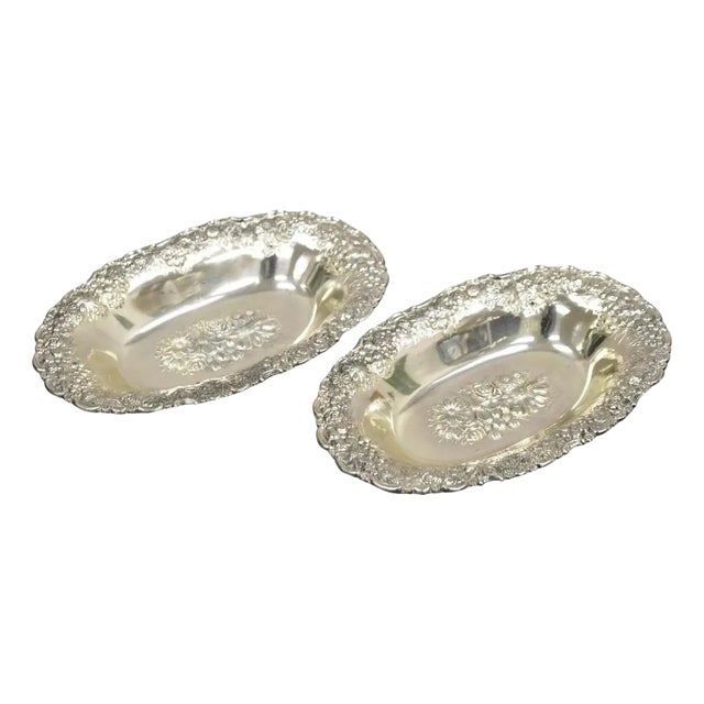 Vintage Victorian Silver Plated Floral Repousse Trinket Dish Japan - a Pair For Sale