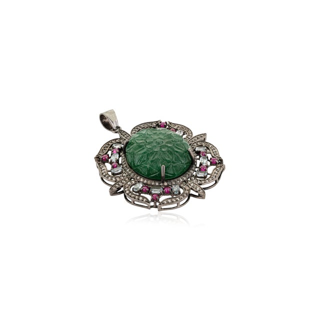 Contemporary Ornate Floral Carved Green Aventurine Victorian Pendant- Anniversary Gifts For Sale - Image 3 of 12