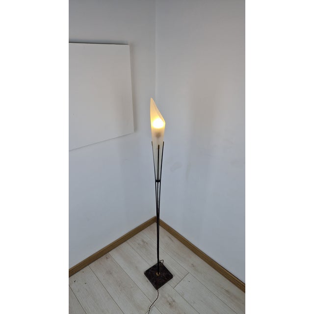 Brass and Iron Floor Lamp with Sandblasted Glass Lampshade and Marble Base, 1950s For Sale - Image 12 of 14