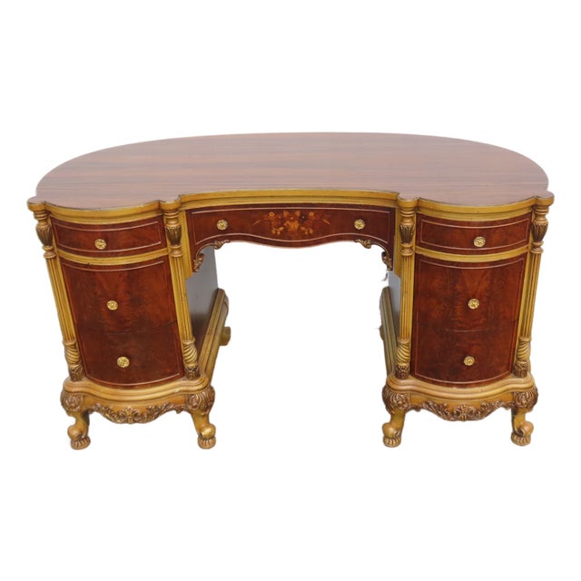 French Early 1900s Kidney Shape Carved Inlaid Writing Desk 6885 For Sale
