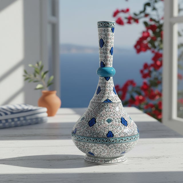 Handmade Ceramic “Knobbed” Vase (45cm) – Golden Horn “Halic” Spirals with Blue Ring For Sale - Image 4 of 7