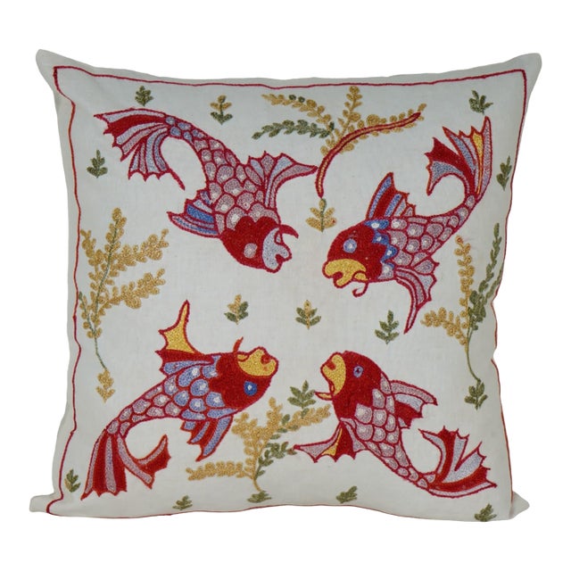 Suzani Pillow Cover – Colorful Fish Embroidery, Boho Decor For Sale
