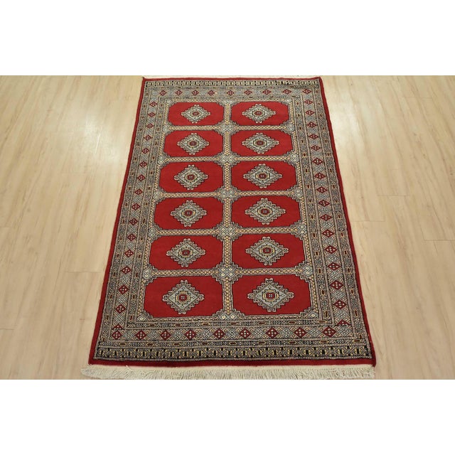 Tribal Bokhara Jaldar Rug 4’2” X 6’2” Red Wool Tribal Hand-Knotted Oriental Carpet For Sale - Image 3 of 12