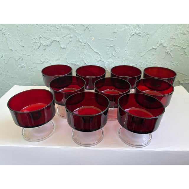 Mid-Century Modern Set of 10 Vintage French Luminarc Cavalier Ruby Red Champagne Coupe & Dessert Glasses For Sale - Image 3 of 9