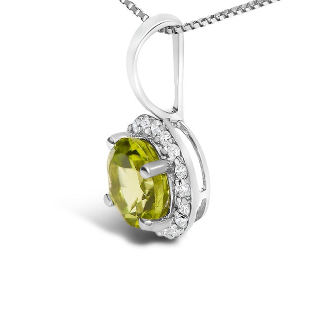 Contemporary 10K White Gold Green Peridot and 1/10 Cttw Diamond Accent Halo Pendant Necklace For Sale - Image 3 of 5
