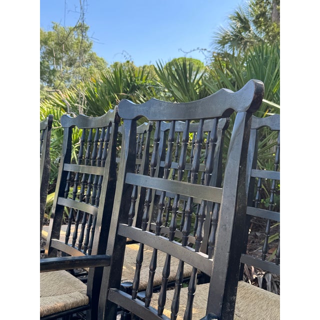 Early 21st Century Set of 6 Vintage Black Painted Spindle-Back & Ladder-Back Rush Seat Dining Chairs For Sale - Image 5 of 12