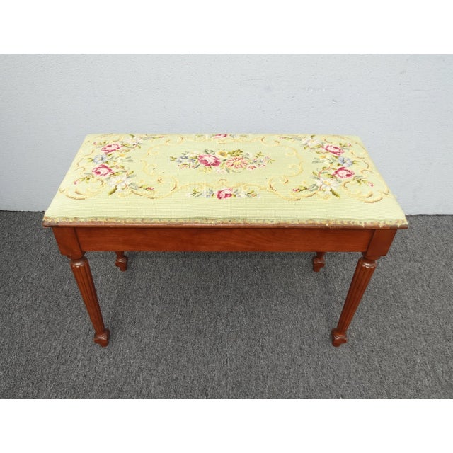 French Vintage French Needlepoint Tapestry Bench Stool ~ Green Floral Stitch For Sale - Image 3 of 12