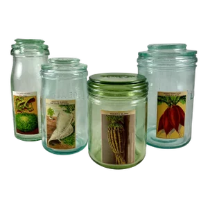 1900s French Green l'Ideale Blue Green Glass Jars W/ Lithograph Seed Labels S/4