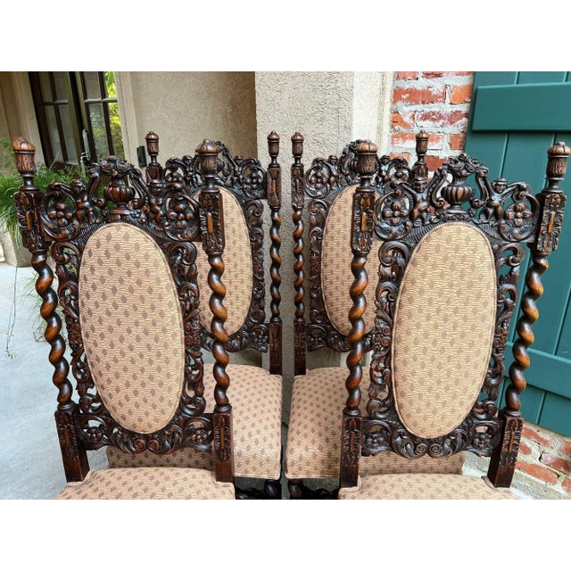 Set 4 Tall Antique French Dining Chairs Barley Twist Renaissance Carved Oak 1890 For Sale In Dallas - Image 6 of 18