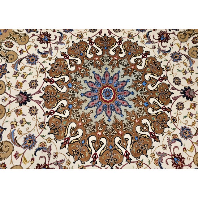 Vintage Persian Tabriz Square Area Rug, Hand-Knotted Wool & Silk, Fine Medallion Floral Pattern, Ivory & Brown, 7x7 For Sale - Image 13 of 16