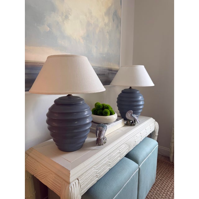 Wonderful pair of beehive shaped ceramic blue lamps. This rare pair would fit into so many differently styled homes.