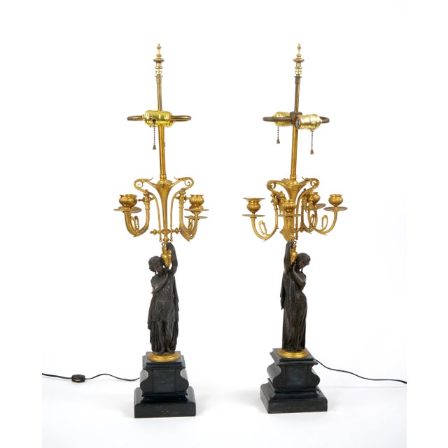 Antique French Napoleon III Gilt Bronze / Marble Candelabra Lamps For Sale - Image 11 of 12
