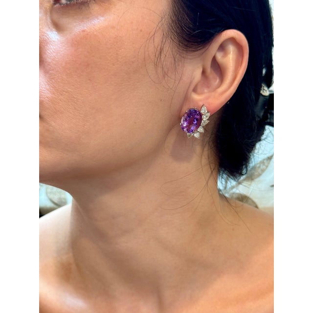 Gemstone 22 Ct Natural Amethyst & 3.60 Ct Pear shape Diamond Stud Earrings, 14KWG, A Pair For Sale - Image 7 of 18
