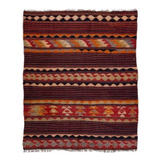 Red Vintage Kilim Handmade Flatweave Tribal Motif Wool Runner For Sale