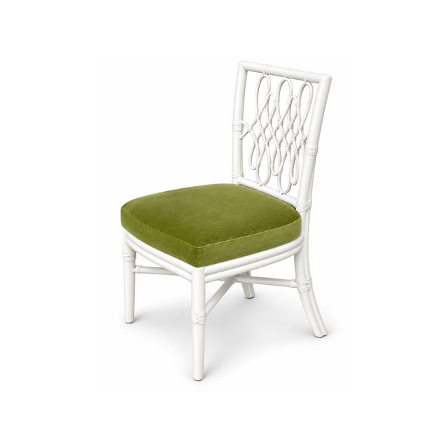 McGuire McGuire Furniture White “Script” Dining Chairs by Barbara Barry, Set of 8, Upholstered in Green Schumacher Performance Velvet For Sale - Image 4 of 6